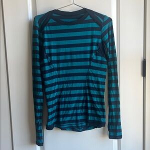 lululemon athletica Teal and Navy Striped Long Sleeve Vintage Top